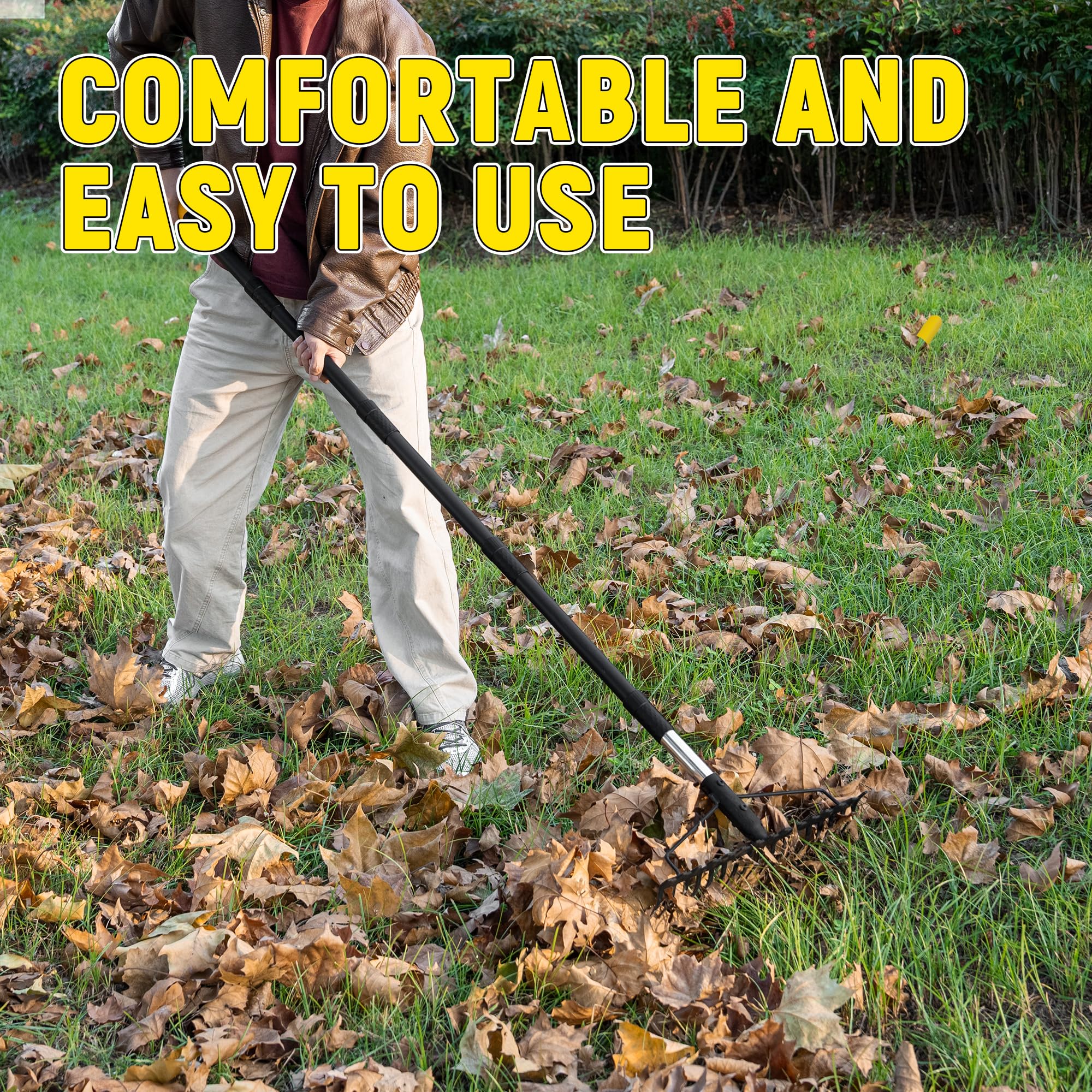 BlumeTrec rake in garden spreading mulch for faster yard work
