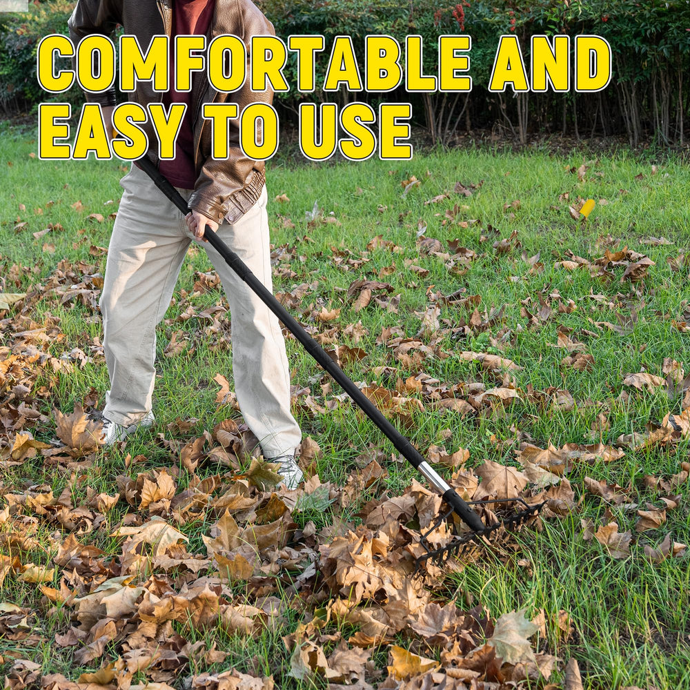 BlumeTrec rake in garden spreading mulch for faster yard work
