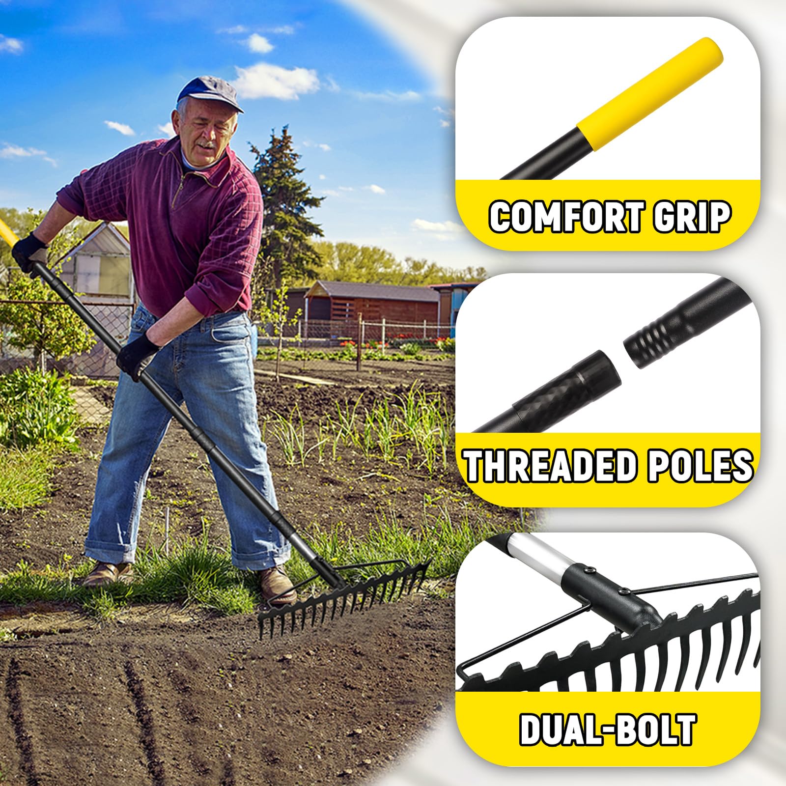BlumeTrec rake next to hand for scale showing ergonomic length