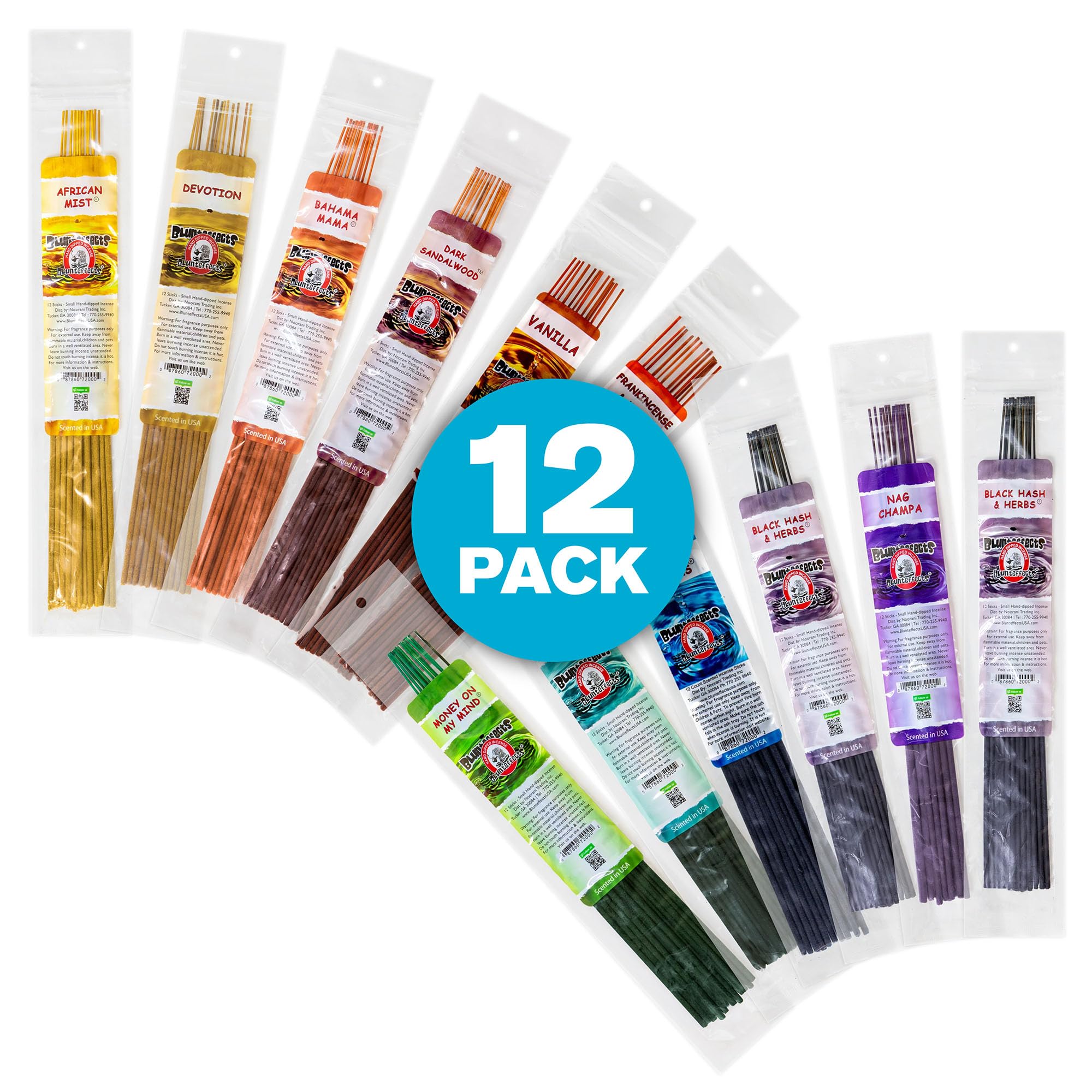 Blunteffects 12 scent packs laid out to display variety and easy selection benefit