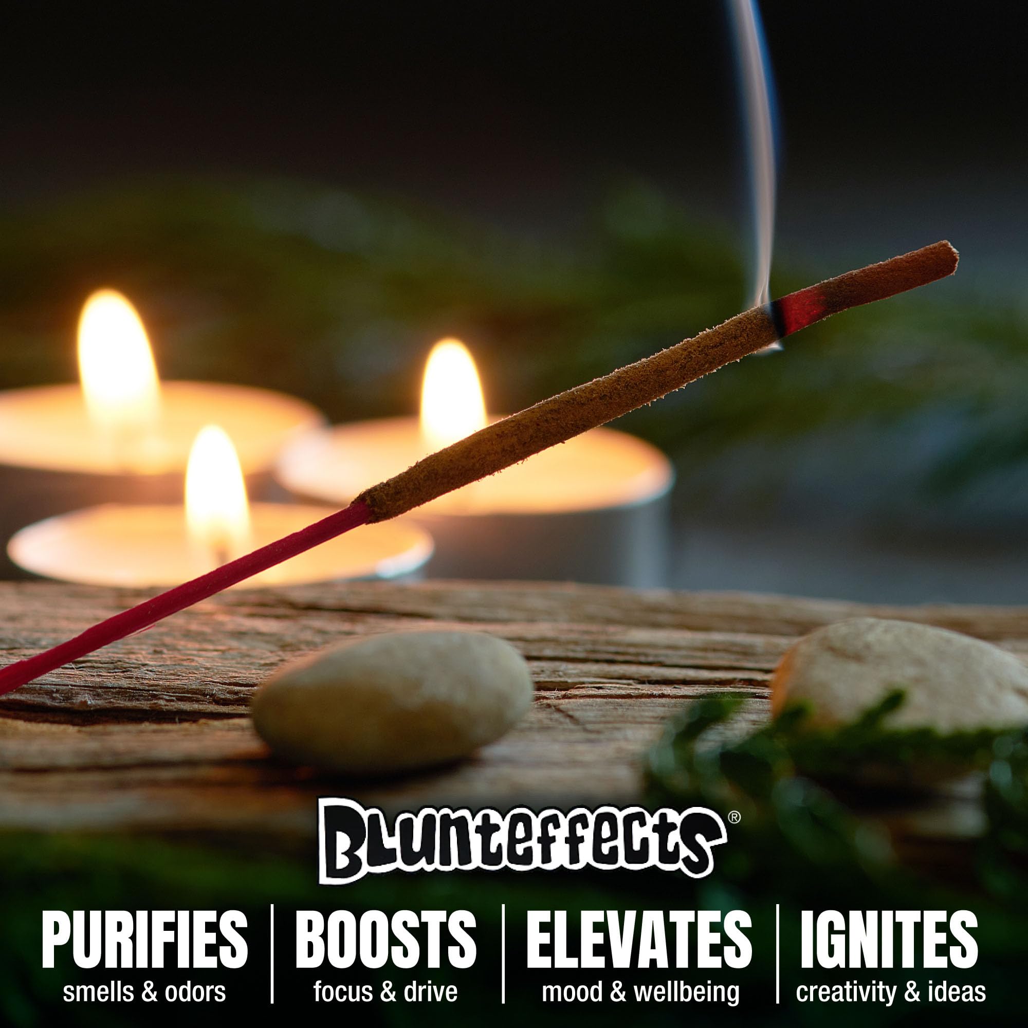 Blunteffects burning stick in holder illustrating consistent smoke and calming atmosphere
