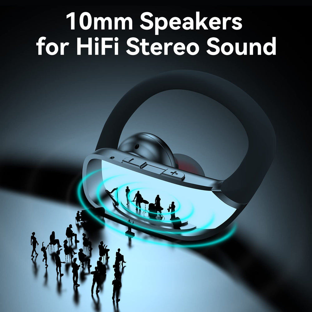 bmani earbuds held in a hand demonstrating compact portable size