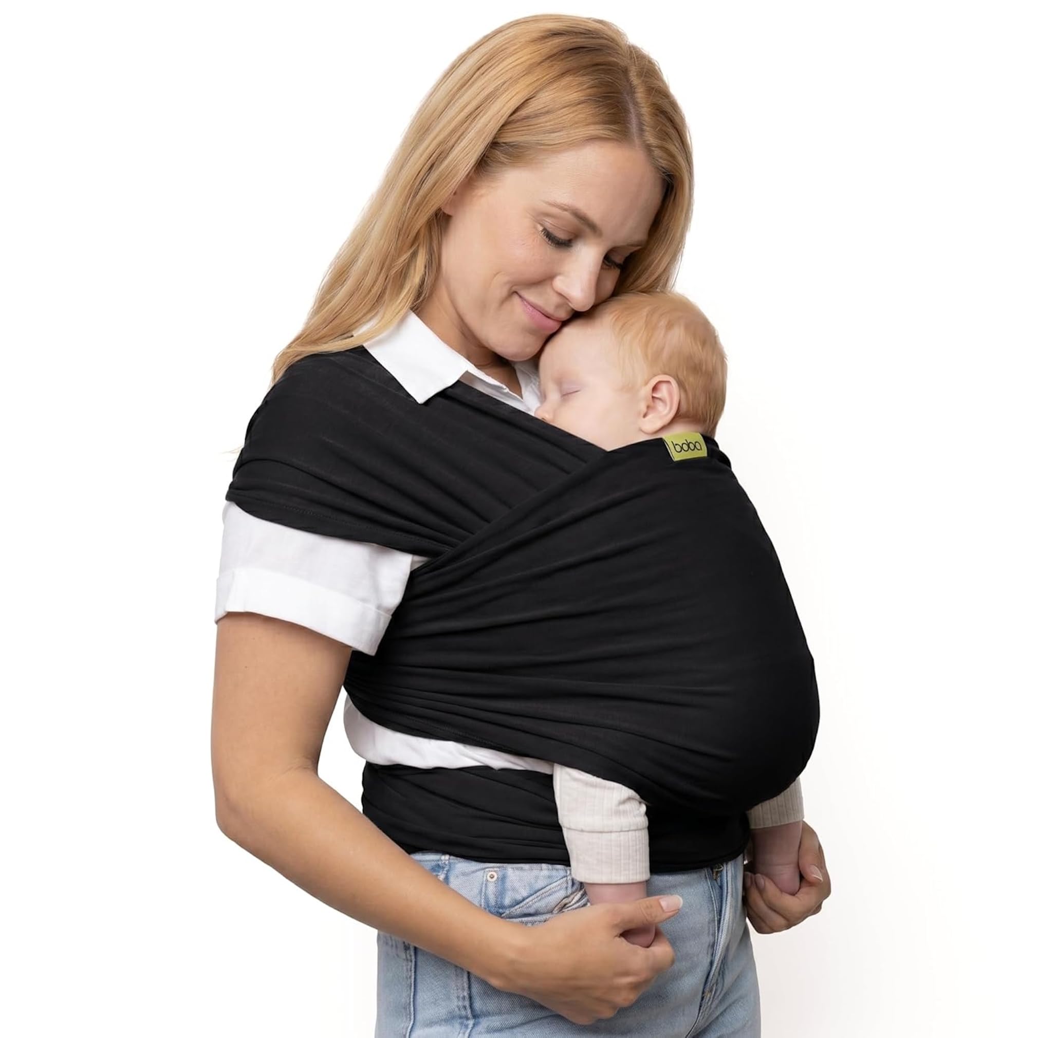Boba wrap front view in black showing sleek silhouette and safe support
