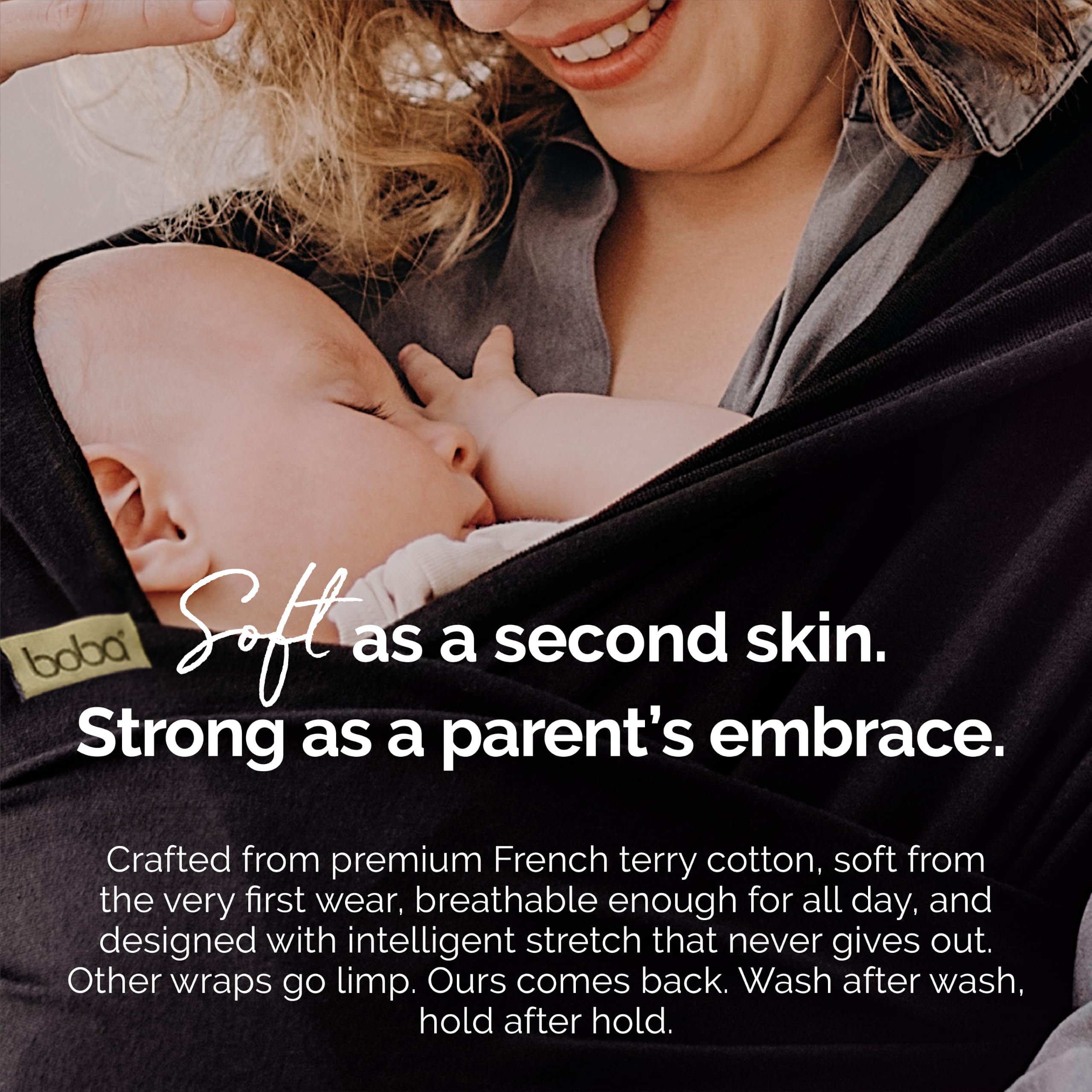 Boba wrap worn showing even shoulder weight distribution and comfort