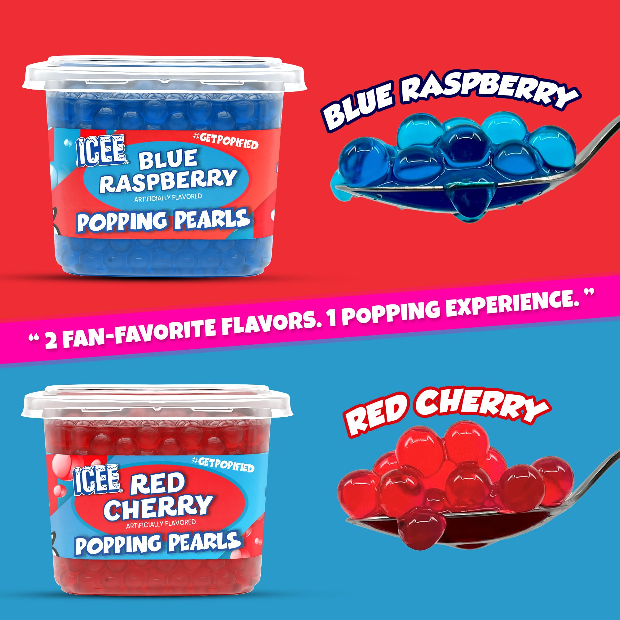 BOBAVIDA open tub revealing red cherry and blue raspberry popping boba pearls