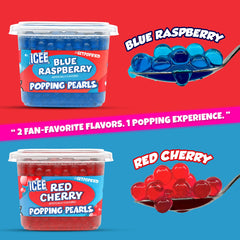BOBAVIDA open tub revealing red cherry and blue raspberry popping boba pearls