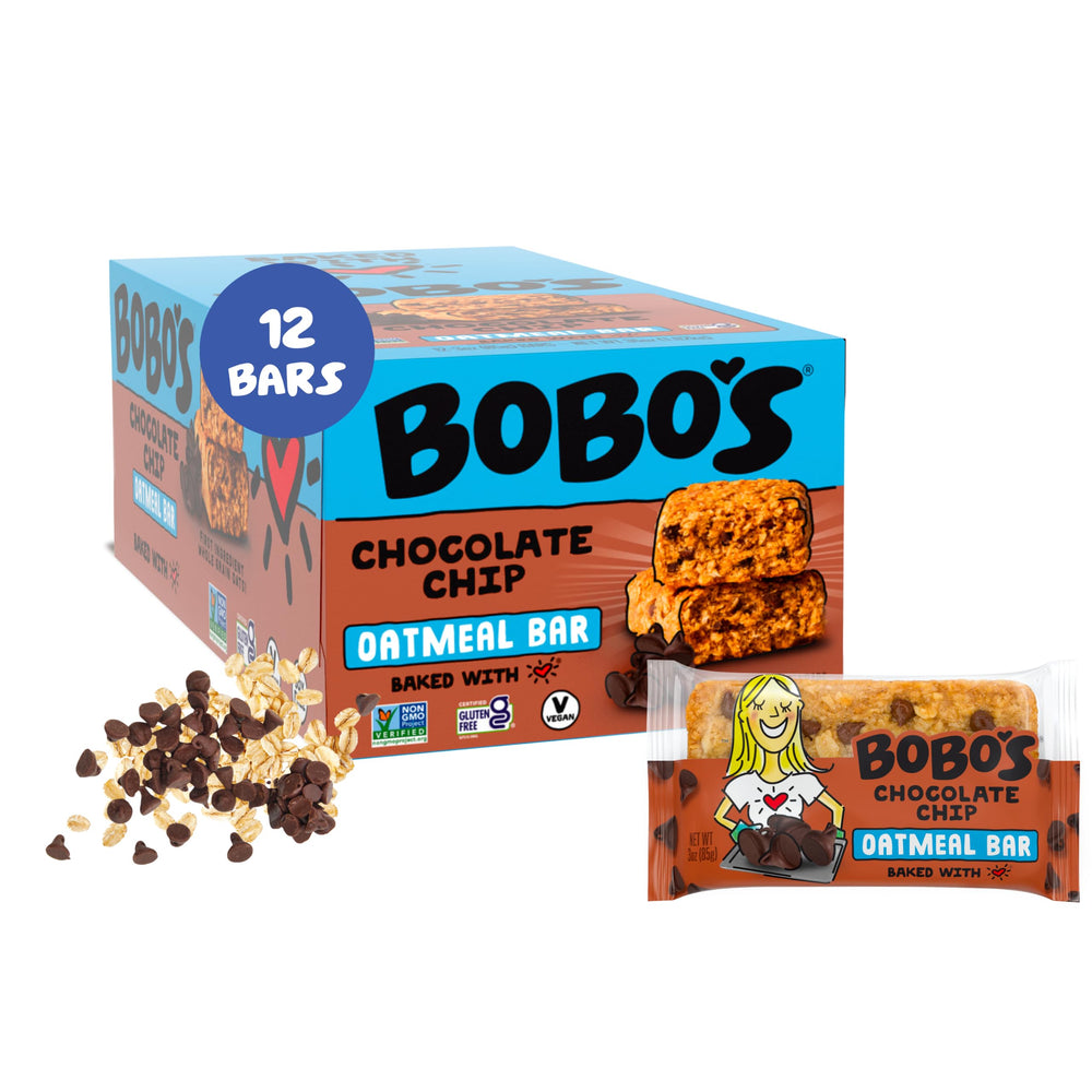 Bobo's front packaging showing chocolate chip bars and benefits