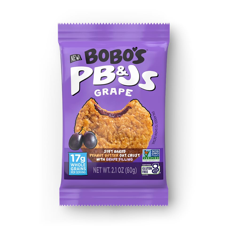 Bobo's front packaging showing grape PB&amp;J bars and benefits