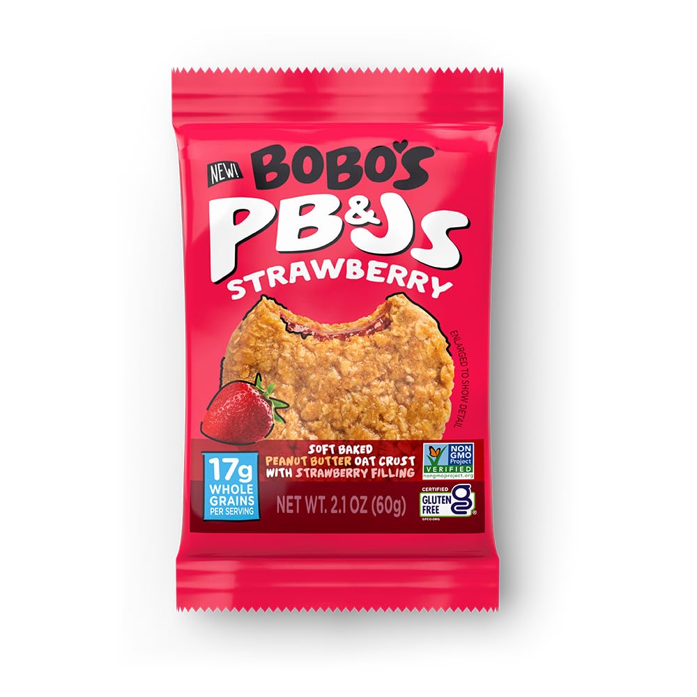 Bobo's box front showing 24-count strawberry PB&J bars and convenience benefit