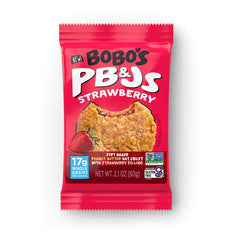 Bobo's box front showing 24-count strawberry PB&J bars and convenience benefit