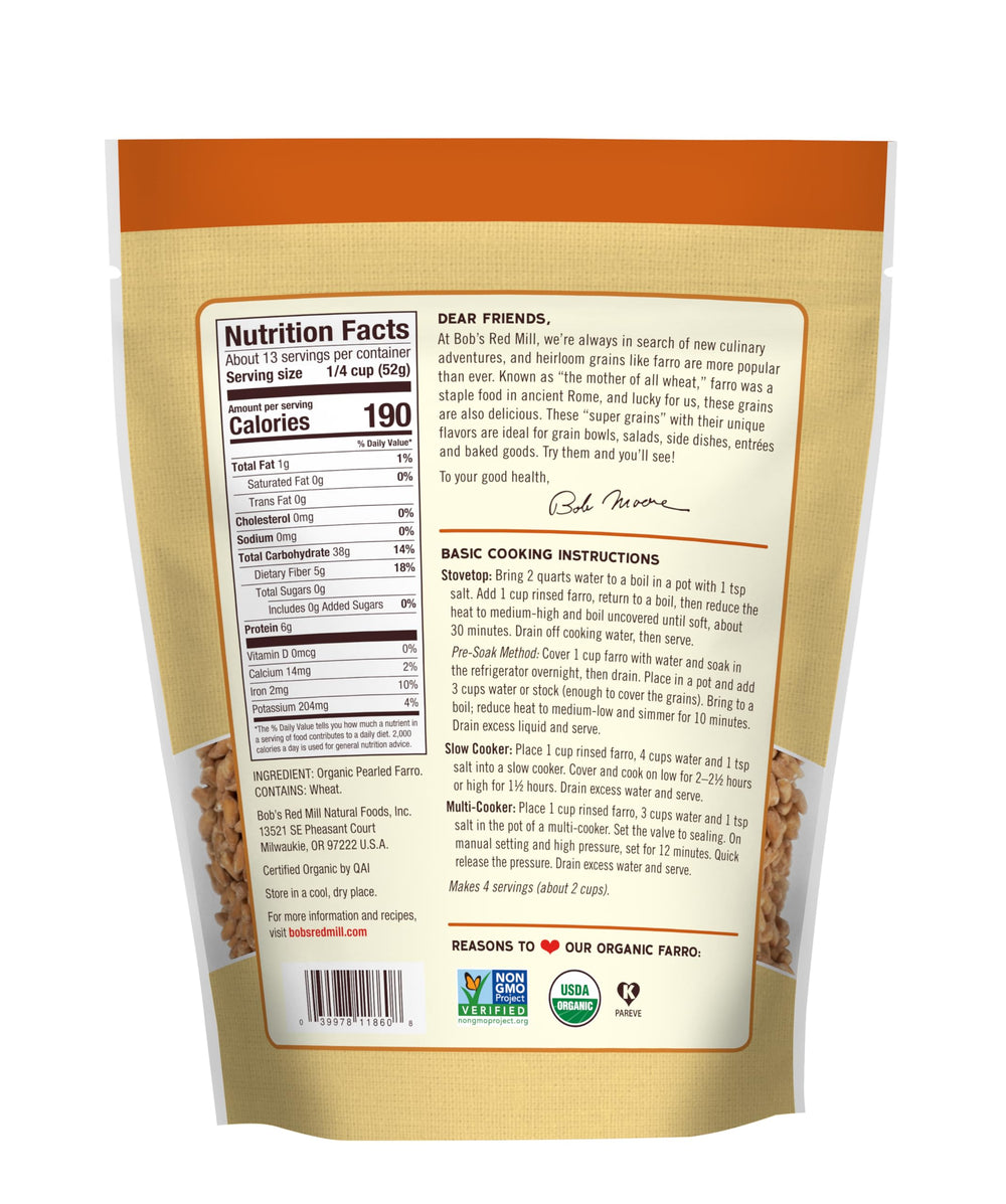 Bob's Red Mill farro close-up of grain texture highlighting chewy, nutty appeal