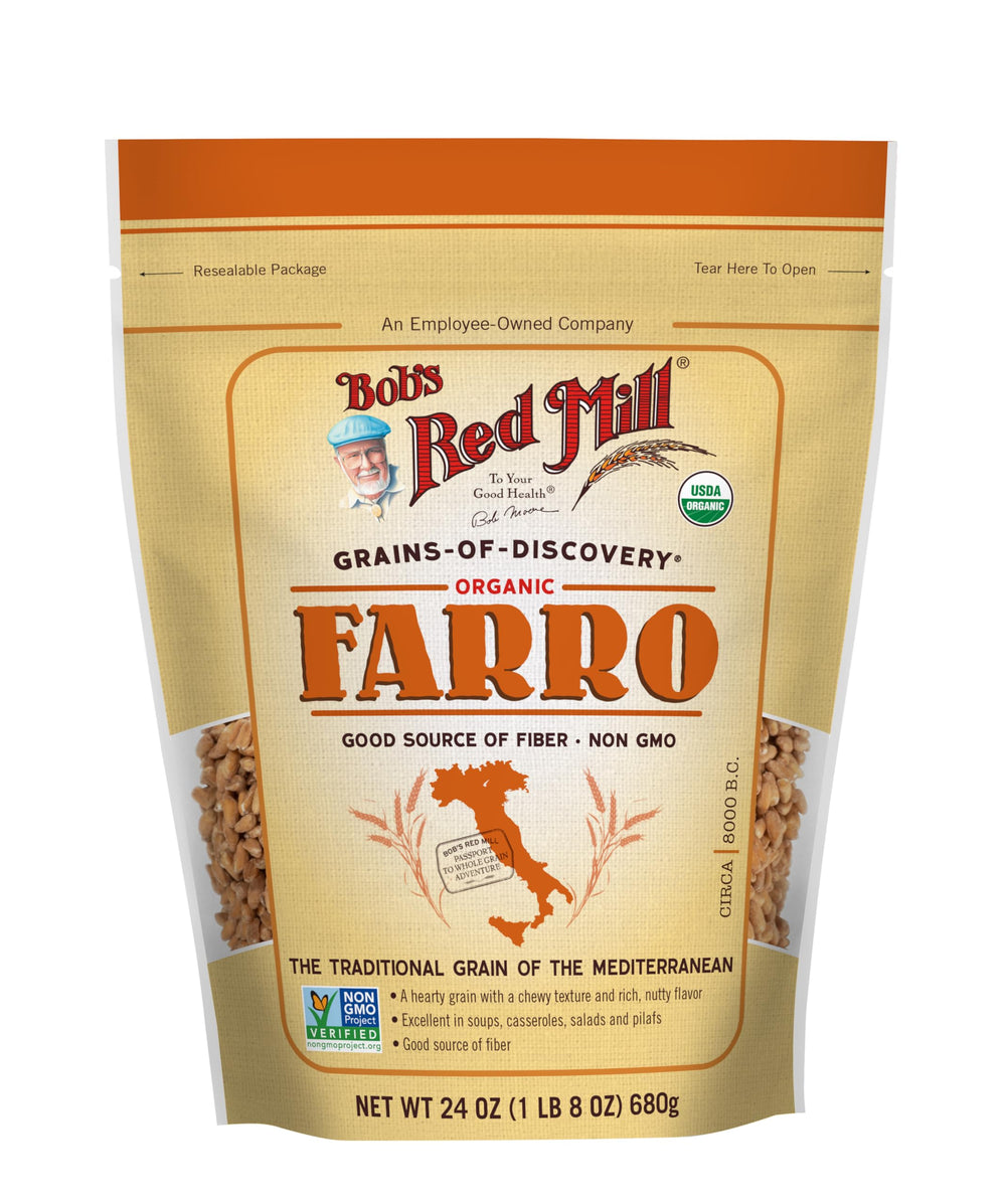 Bob's Red Mill farro being poured next to measuring cup showing portion and scale benefit