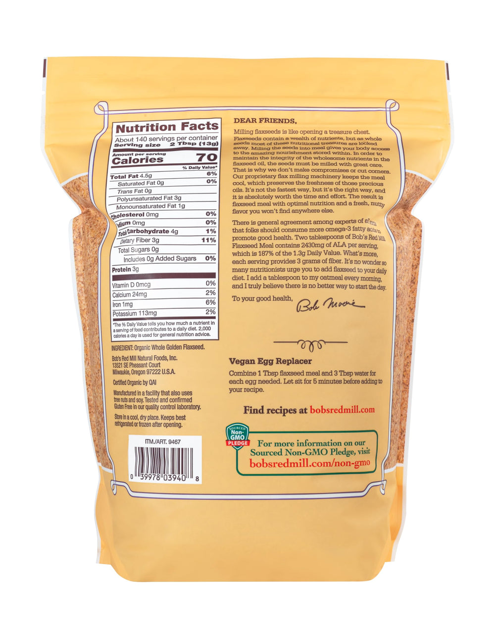 Bob's Red Mill fine texture closeup of golden flaxseed meal highlighting smooth grind and mixability