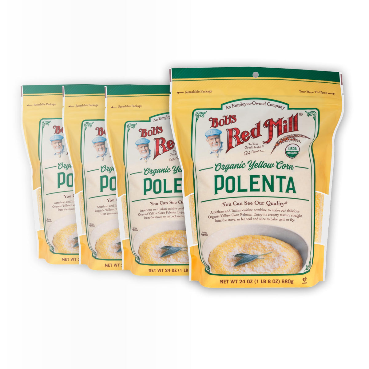 Bob's Red Mill front packaging showing 24oz polenta for pantry convenience
