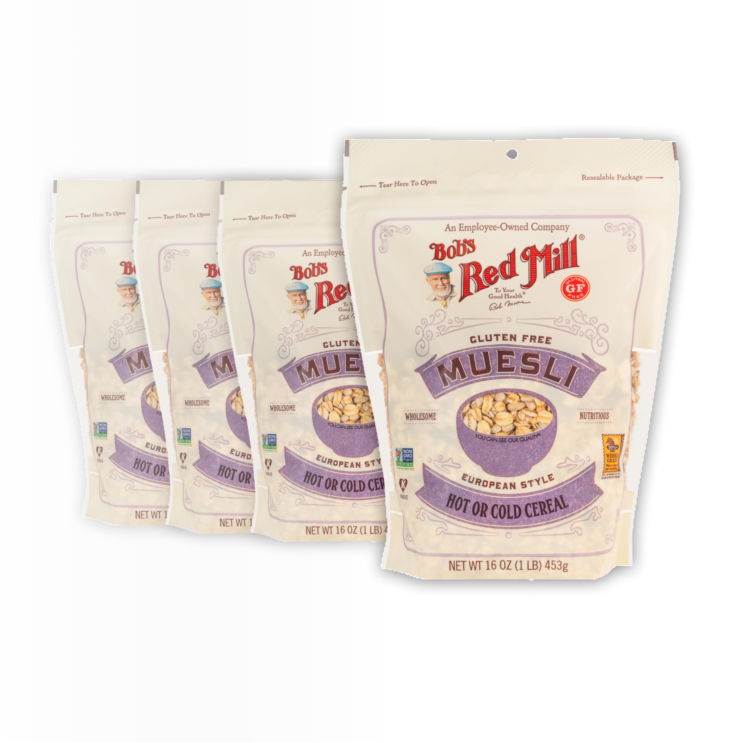 Bob's Red Mill front packaging showing 16oz gluten free muesli benefits