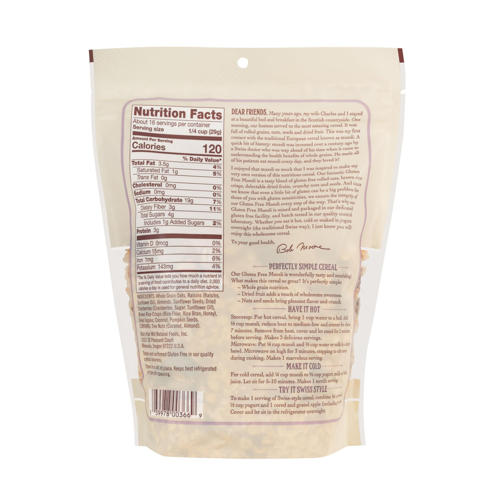Bob's Red Mill open bag top view showing muesli mix and convenient packaging