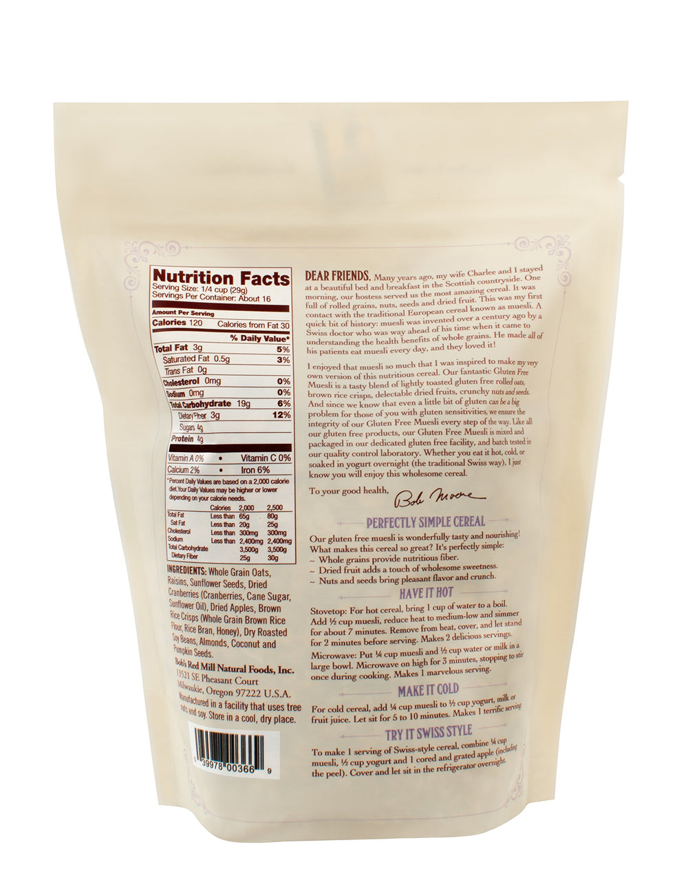 Bob's Red Mill spoon of muesli with milk illustrating quick breakfast prep