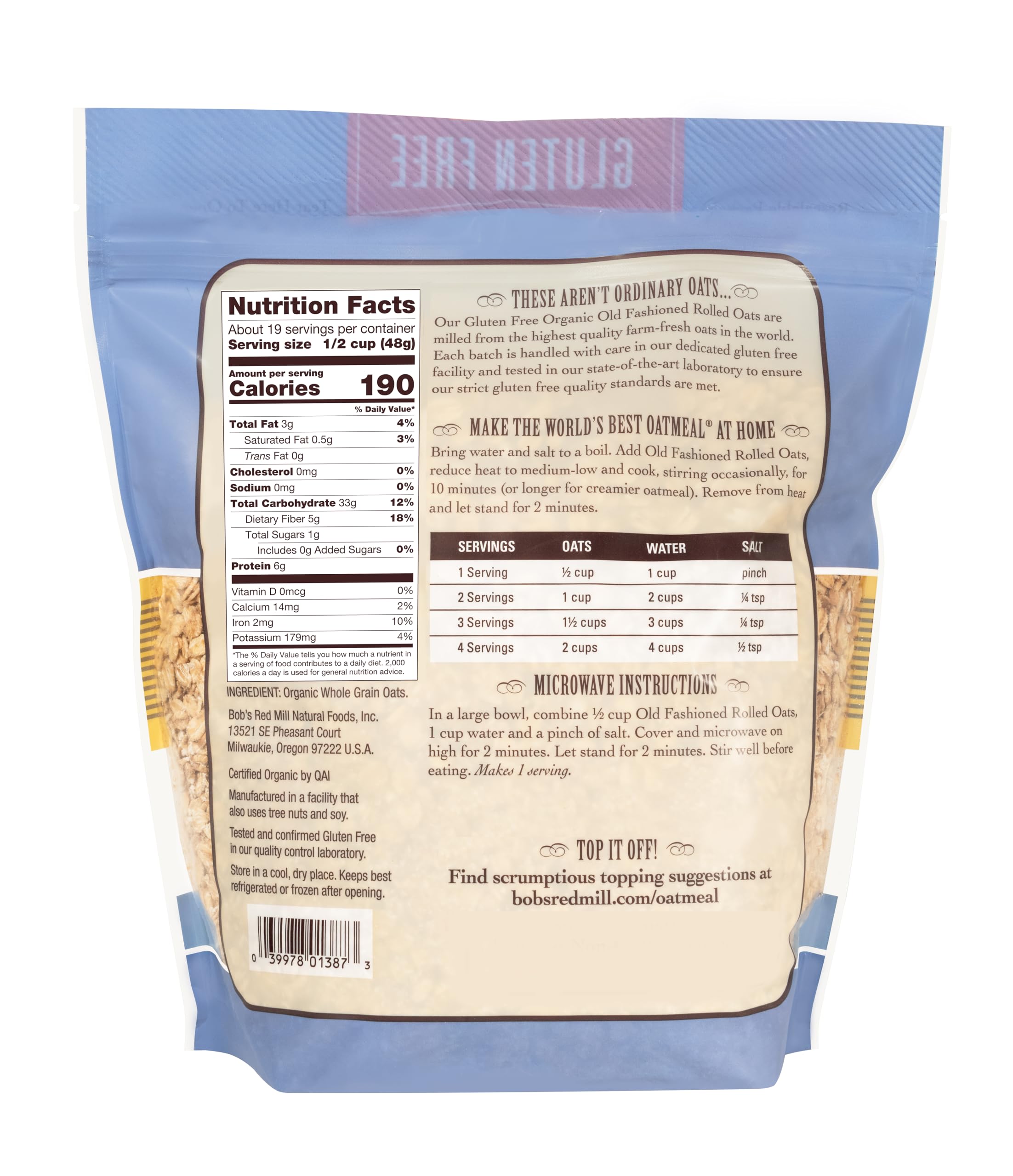 Bob's Red Mill close-up label highlighting organic and gluten-free benefits