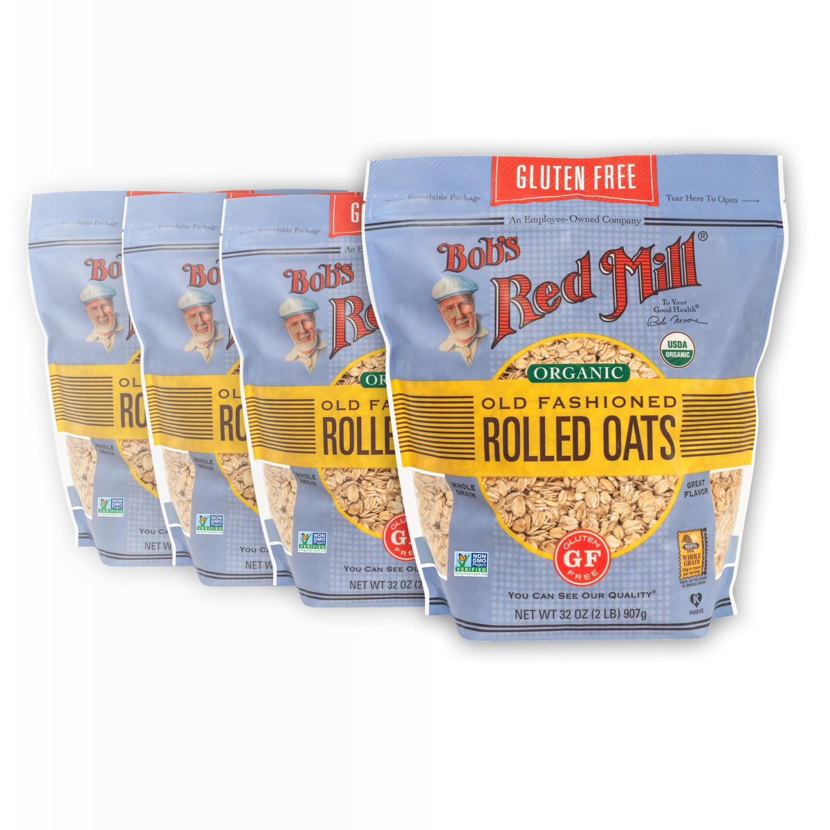 Bob's Red Mill front packaging showing organic gluten-free branding and convenience