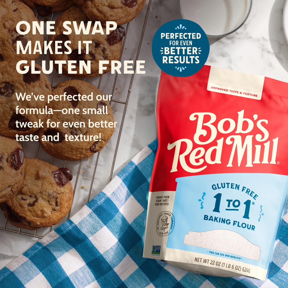 Measuring scoop with Bob's Red Mill flour, emphasizes accurate cup-for-cup replacement