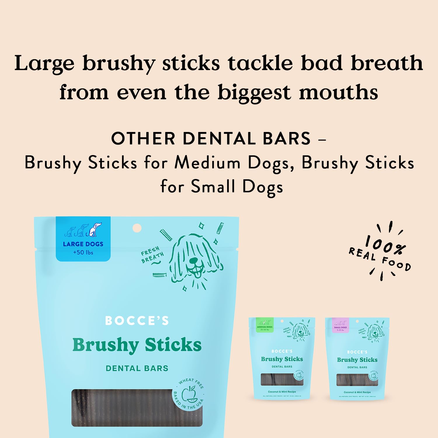 Dog gripping and chewing a Brushy Stick demonstrating Bocce's plaque-scrubbing action benefit