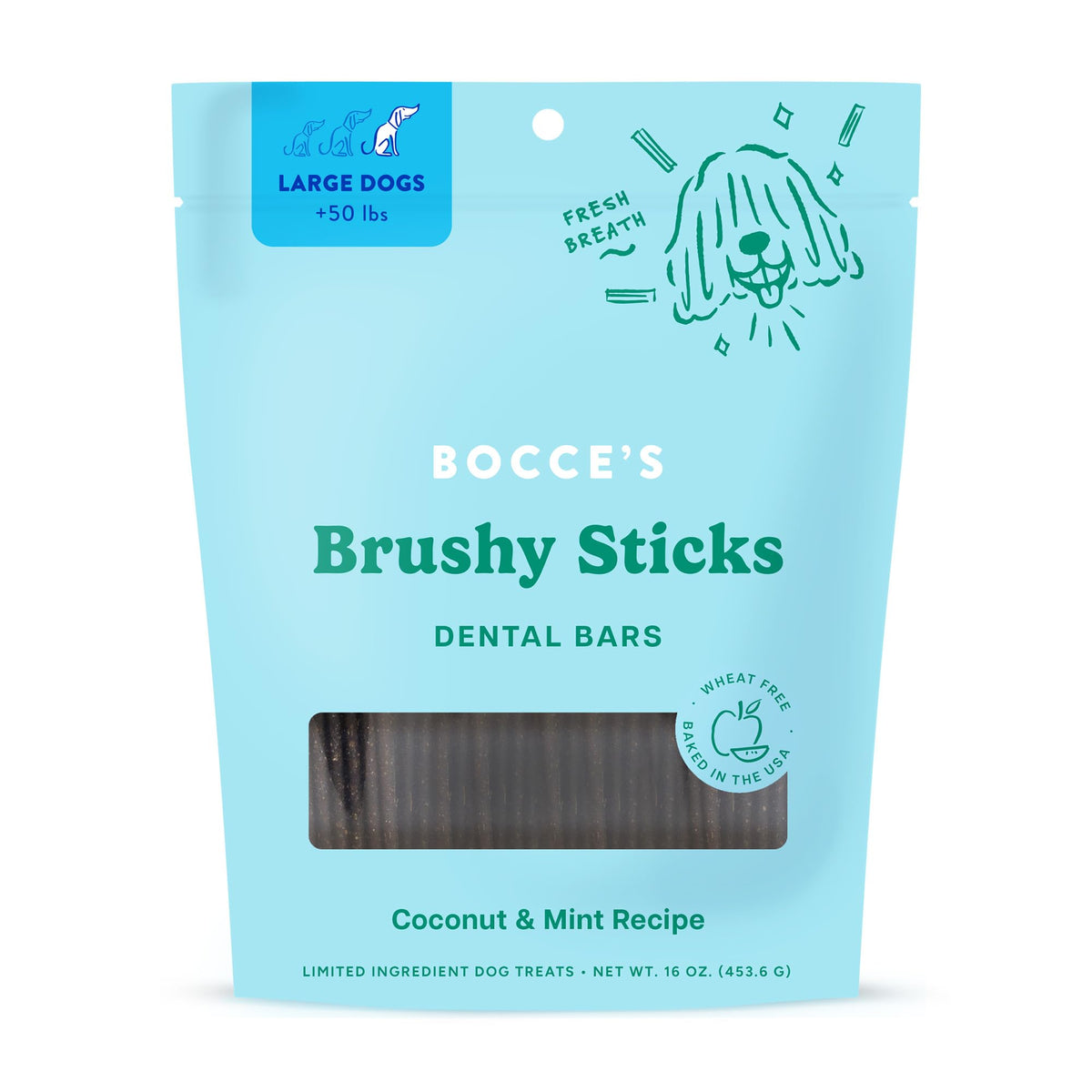 Bocce's Bakery front packaging of Brushy Sticks large shows size and fresh ingredients benefit