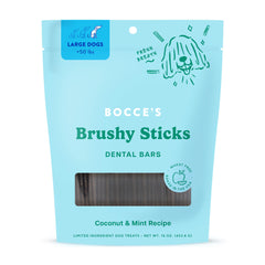 Bocce's Bakery front packaging of Brushy Sticks large shows size and fresh ingredients benefit