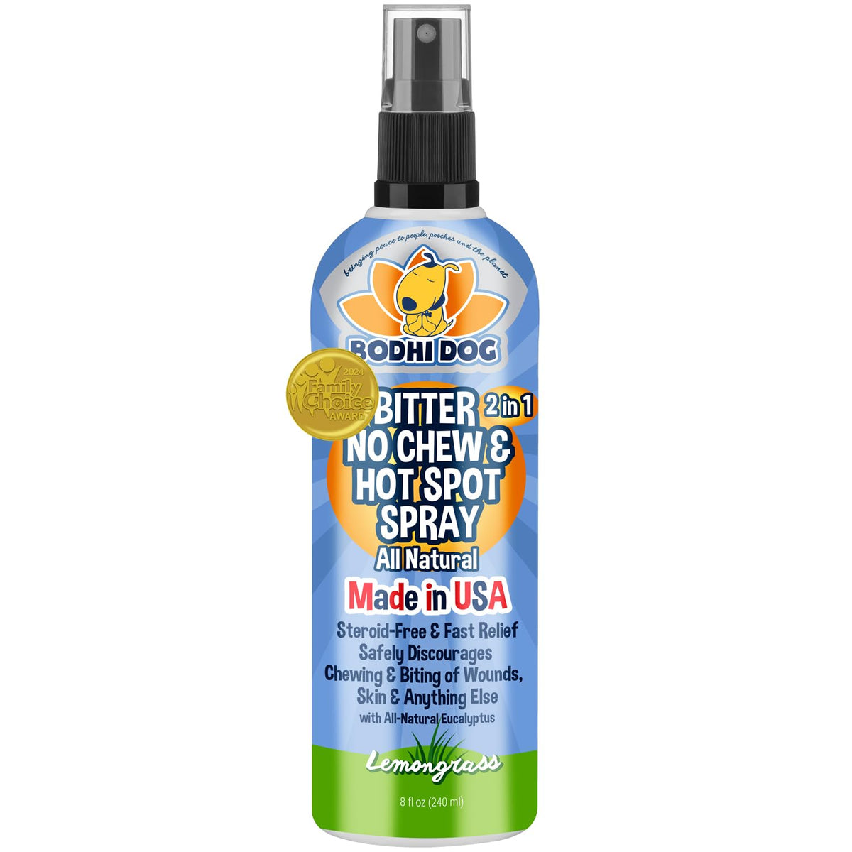 Bodhi Dog front label 8oz showing product benefits and lemongrass scent