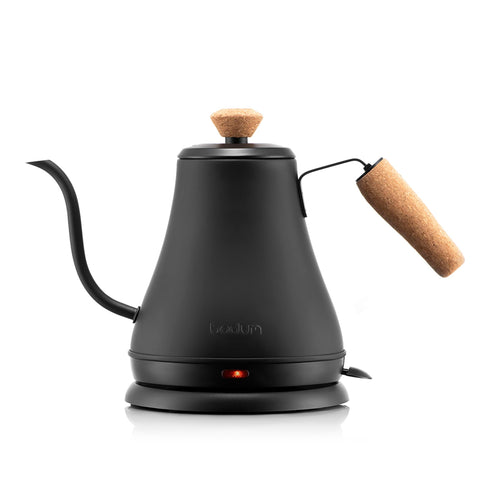 Bodum MELIOR front view matte black kettle showing sleek silhouette and quick boil benefit