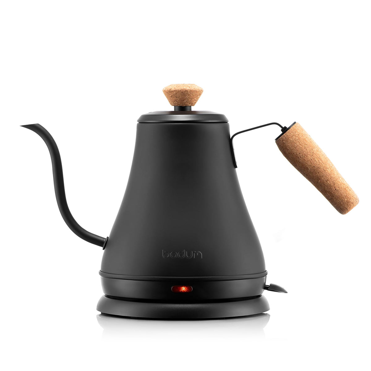 Bodum MELIOR front view matte black kettle showing sleek silhouette and quick boil benefit
