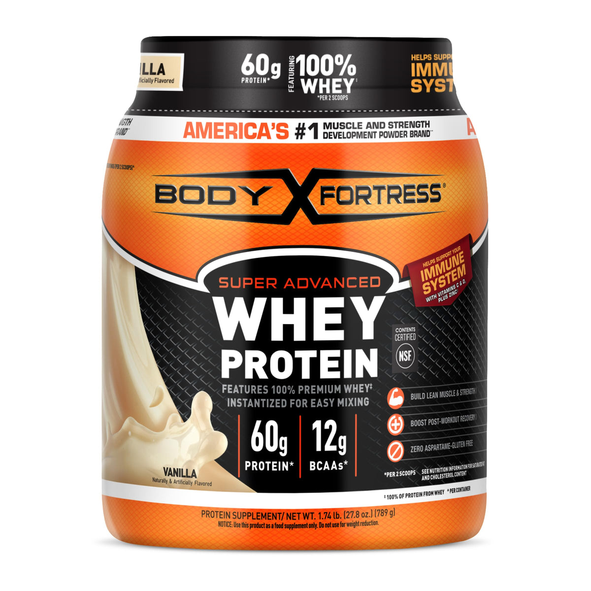 Body Fortress front tub showing label and 30g protein per serving benefit