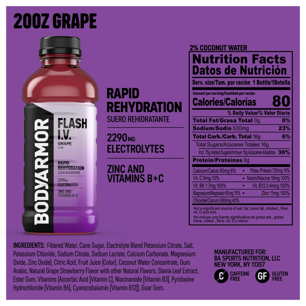 BODYARMOR Flash I.V. grape bottle texture close-up highlighting grip