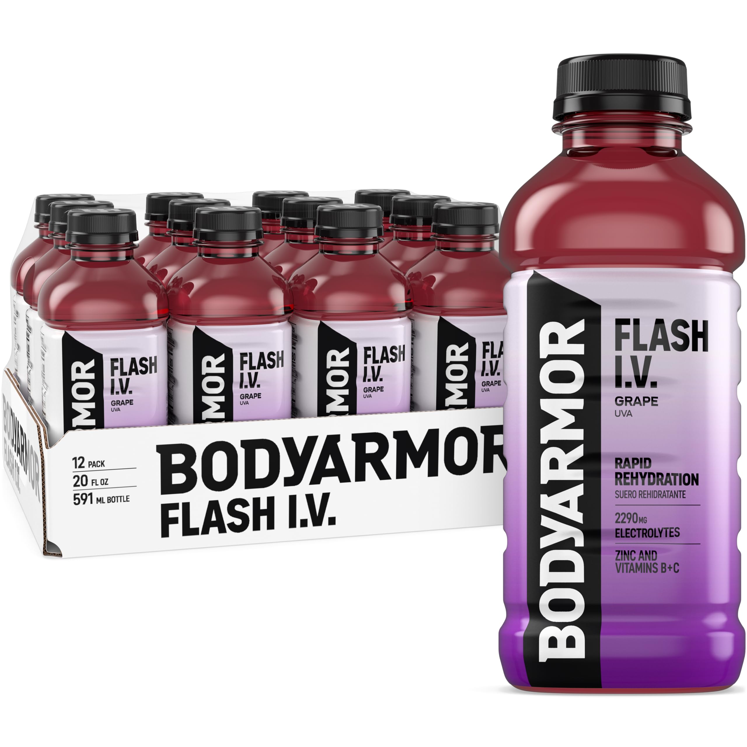 BODYARMOR Flash I.V. grape front label showing electrolyte benefits