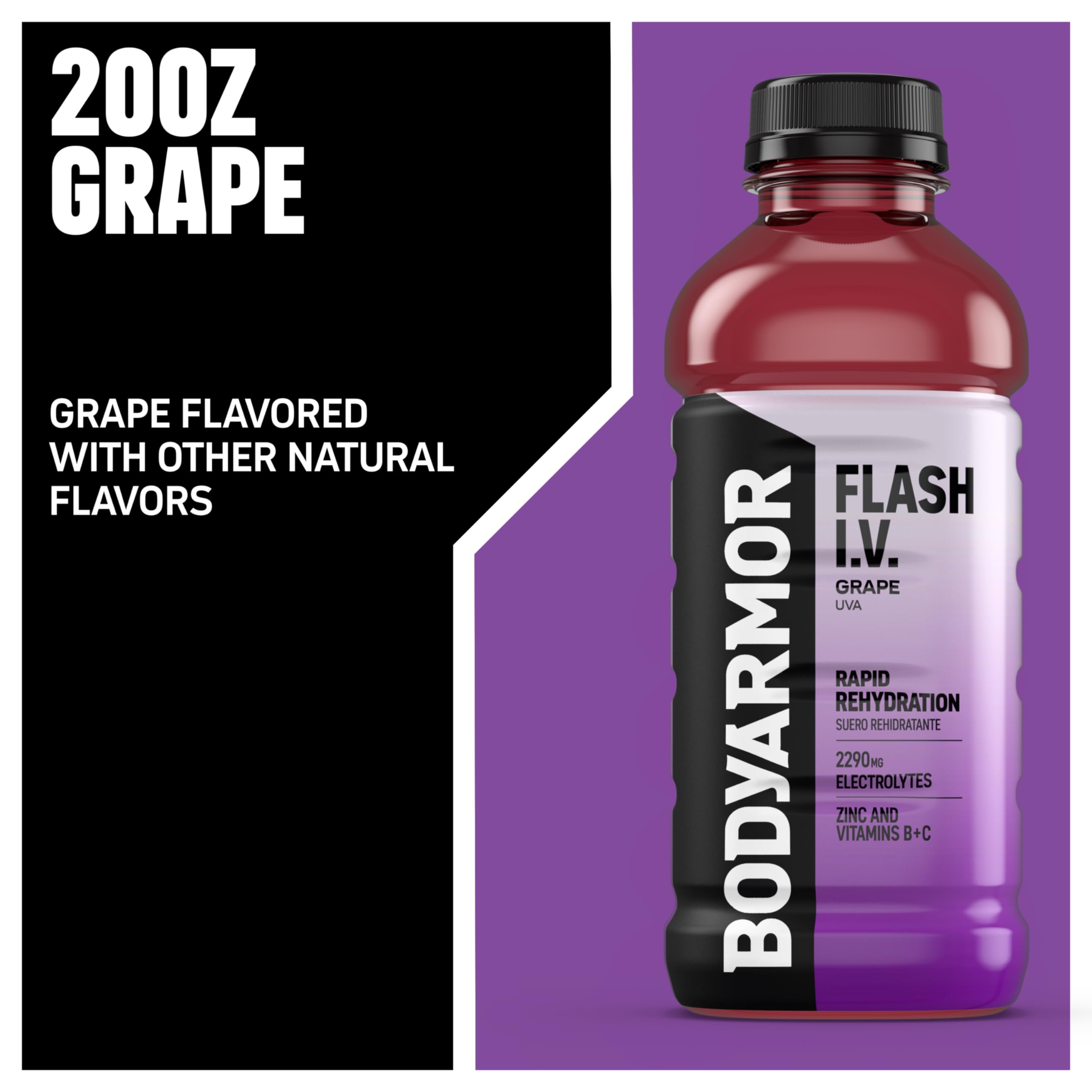 BODYARMOR Flash I.V. grape pouring from open cap for quick hydration
