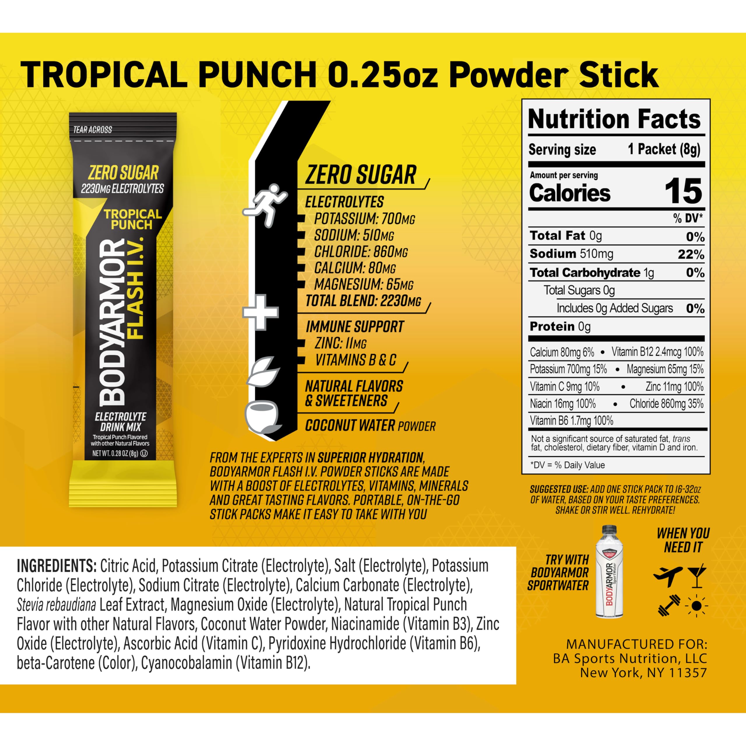 BODYARMOR label and nutrition facts emphasizing zero sugar and vitamins