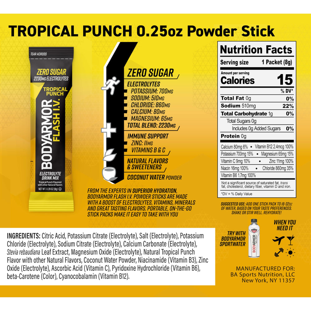 BODYARMOR label and nutrition facts emphasizing zero sugar and vitamins