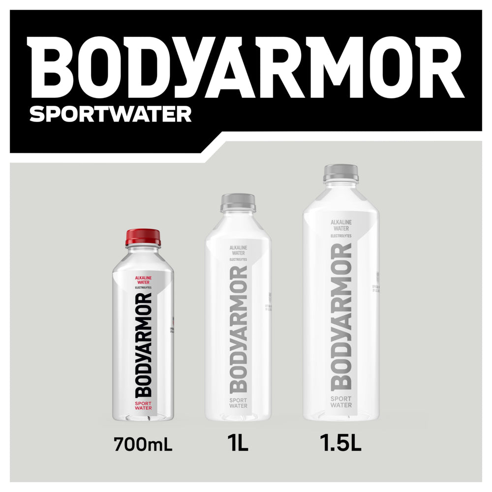 BODYARMOR SportWater 700mL beside a water glass to show volume benefit