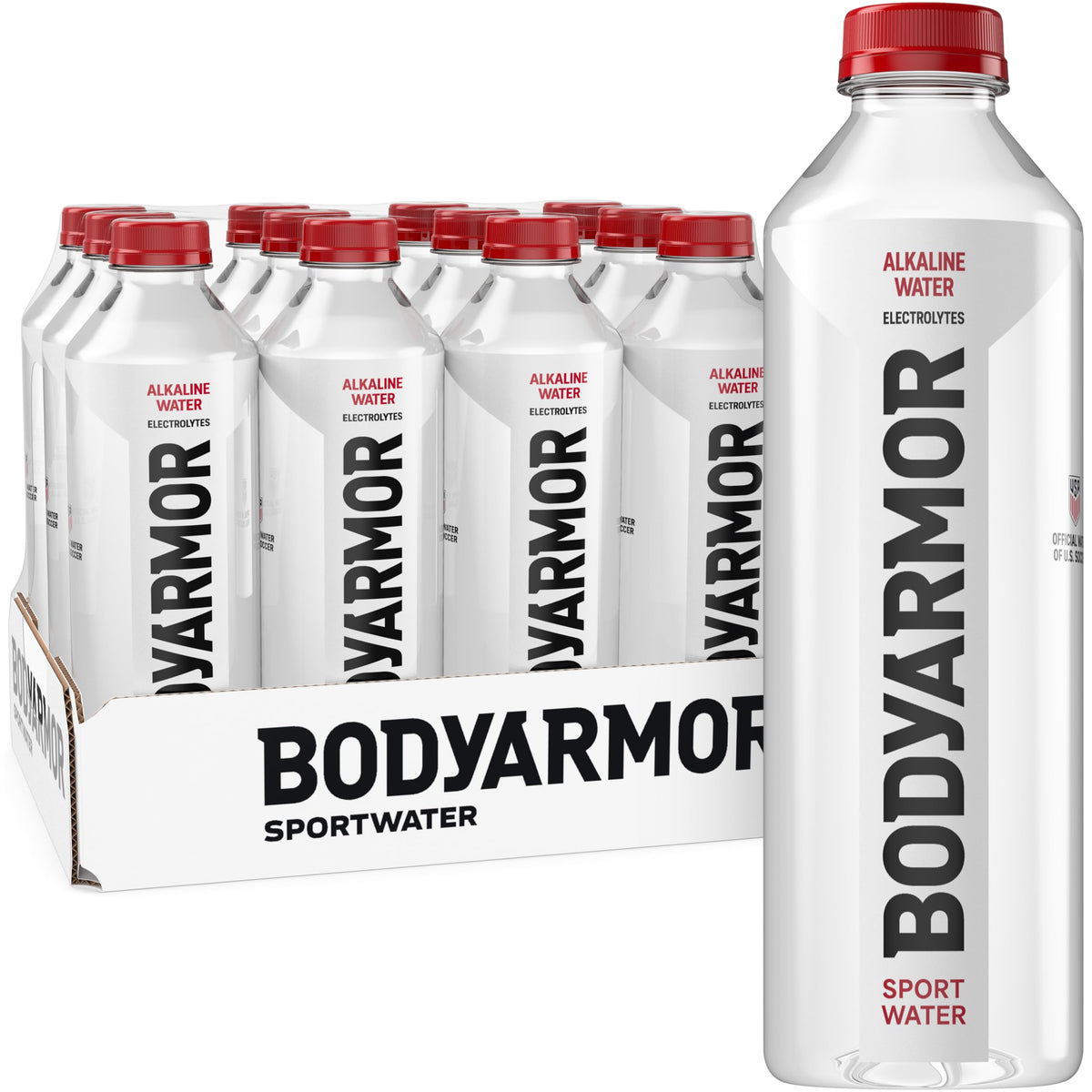 BODYARMOR SportWater front packaging showing 12-pack and hydration benefit