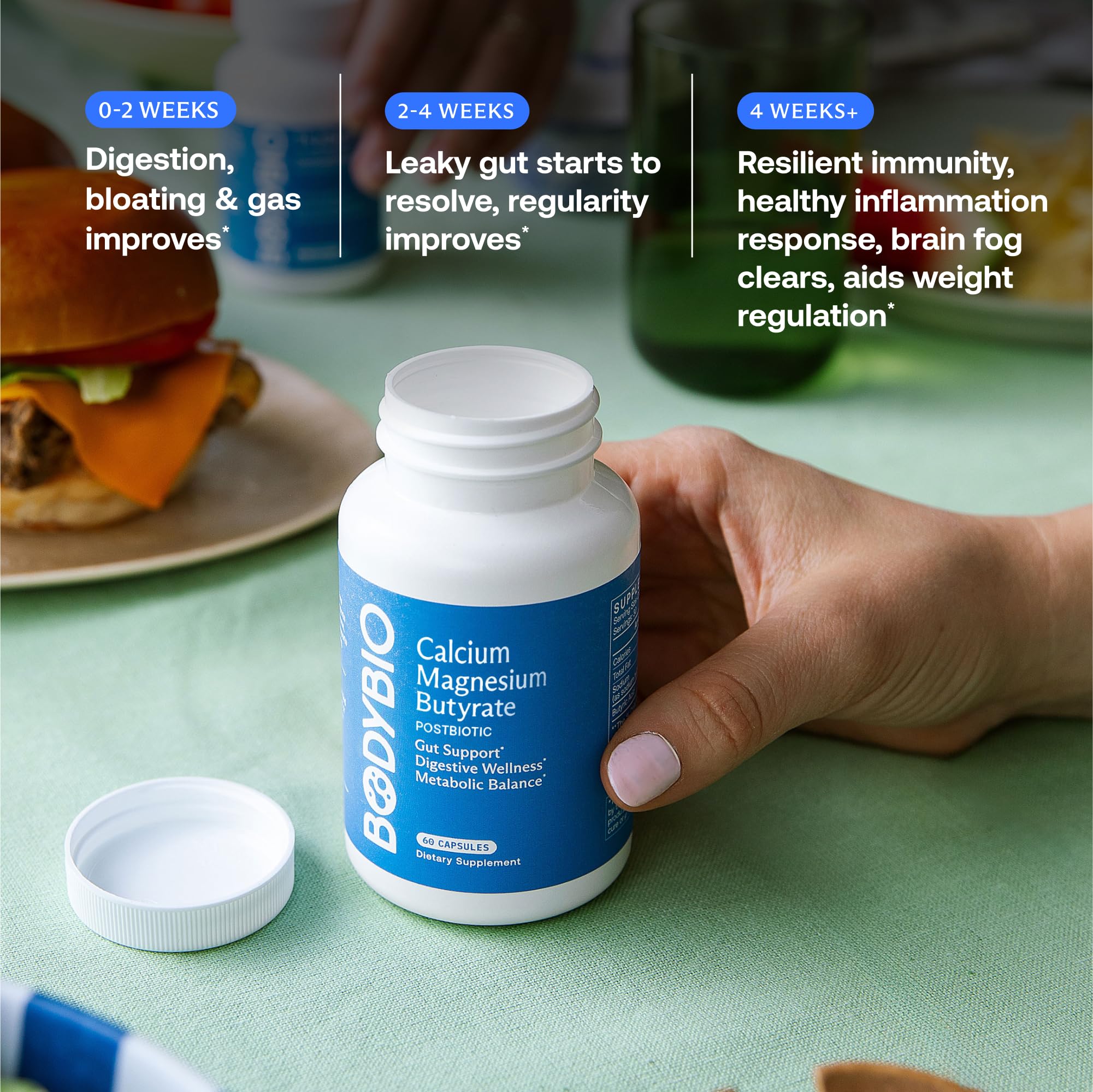 BodyBio capsule opened to show powder texture emphasizing pure formulation