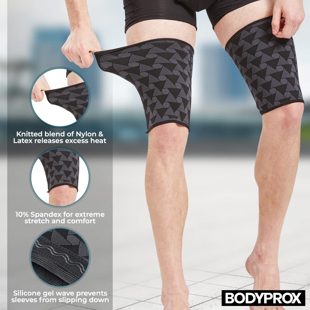 Bodyprox sleeve worn during squat demonstrating stable support for lifts