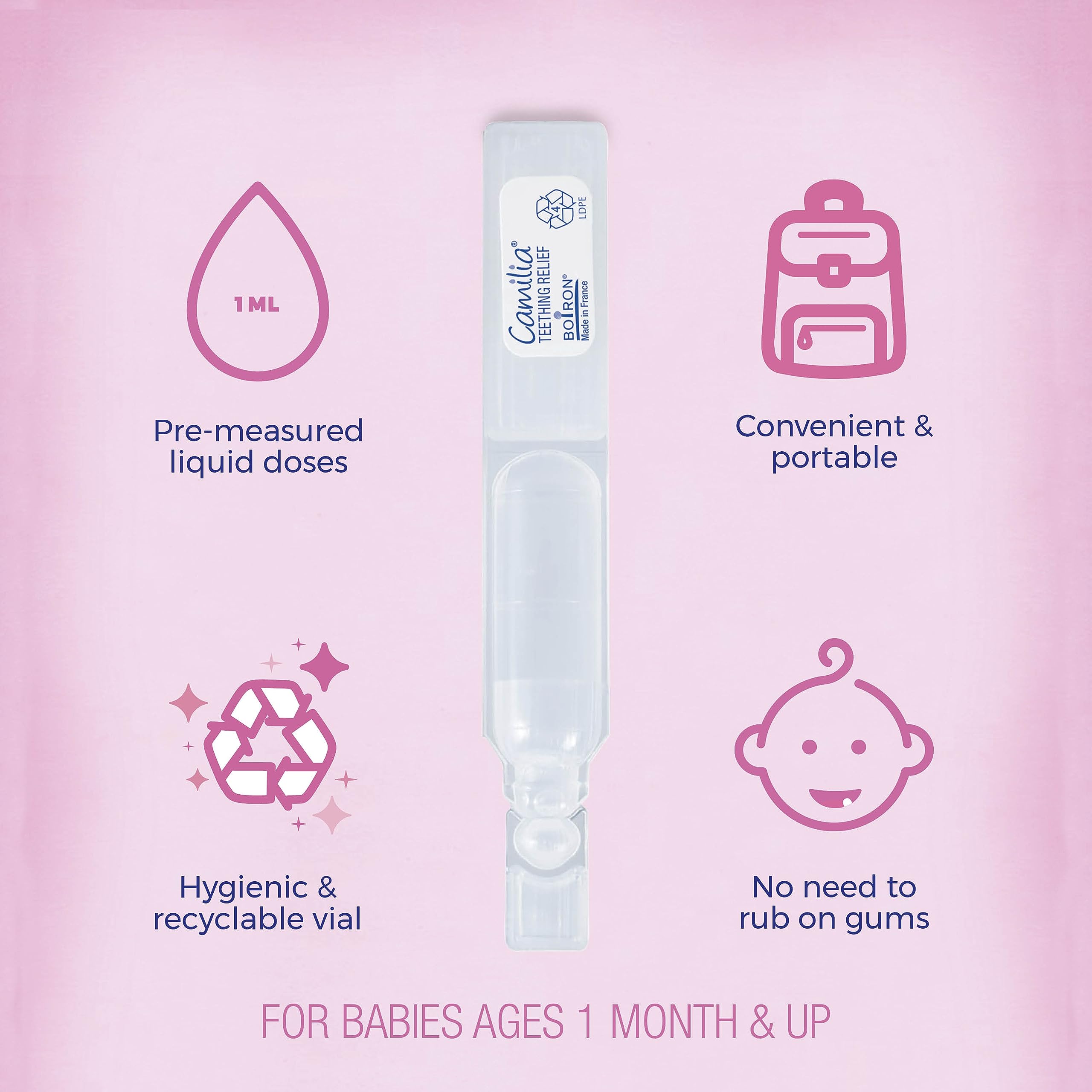 Boiron Camilia clear liquid close-up highlighting tasteless absorption benefit