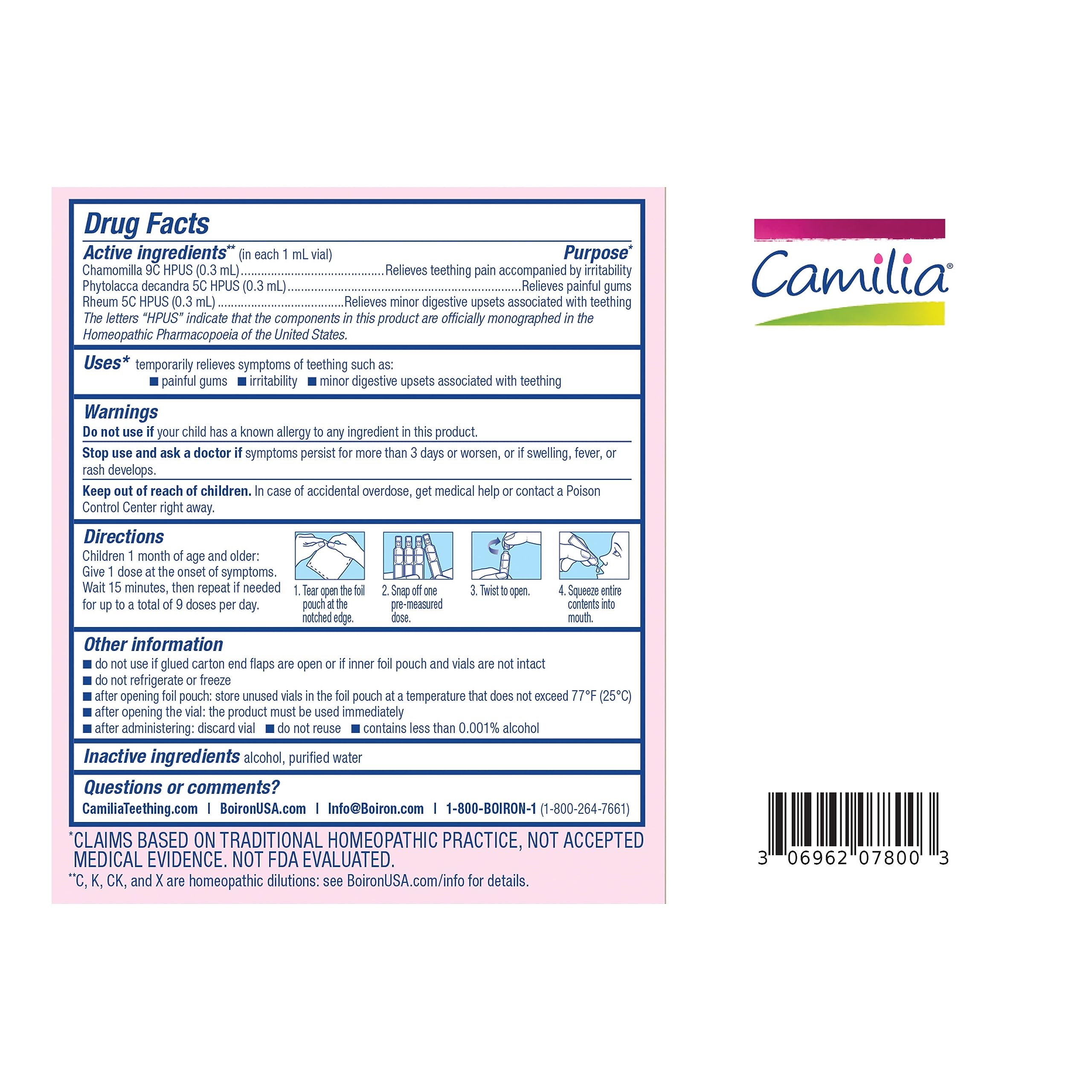 Boiron Camilia ingredients label close-up showing plant-based formula benefit