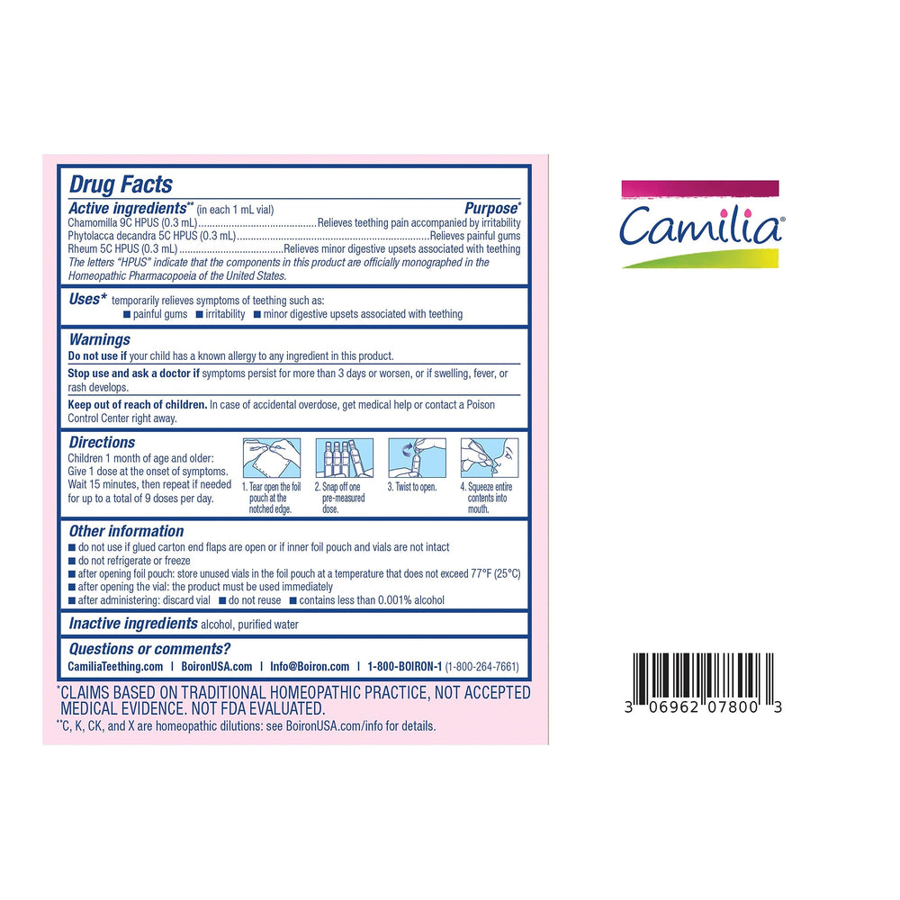 Boiron Camilia ingredients label close-up showing plant-based formula benefit