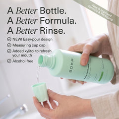 Boka liquid texture close-up showing clear rinse consistency and gentle formulation feel