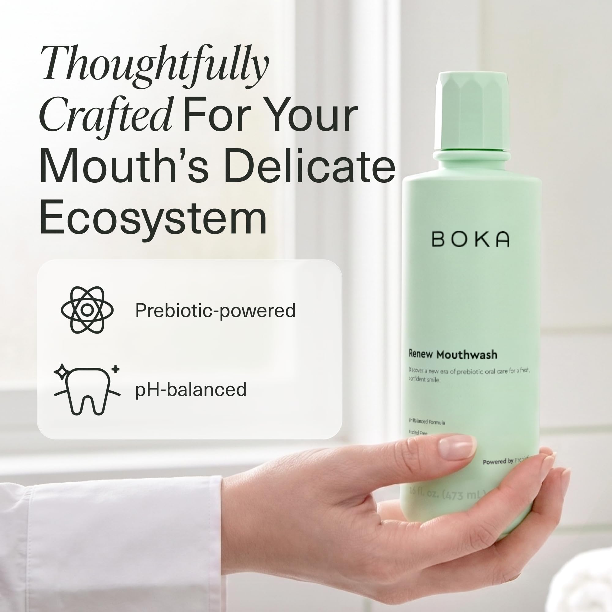 Boka label close-up listing prebiotic, alcohol-free, and vegan claims for informed shoppers