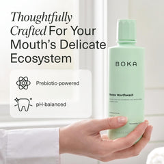 Boka label close-up listing prebiotic, alcohol-free, and vegan claims for informed shoppers