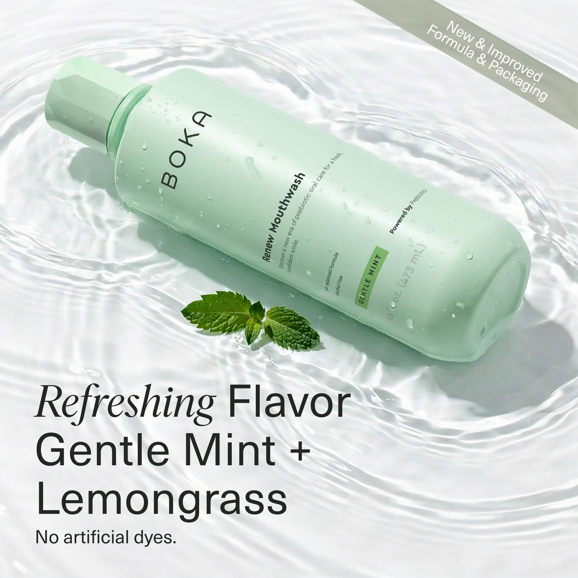 Boka mouthwash poured into measuring cap illustrating accurate dosing and drip-free pour