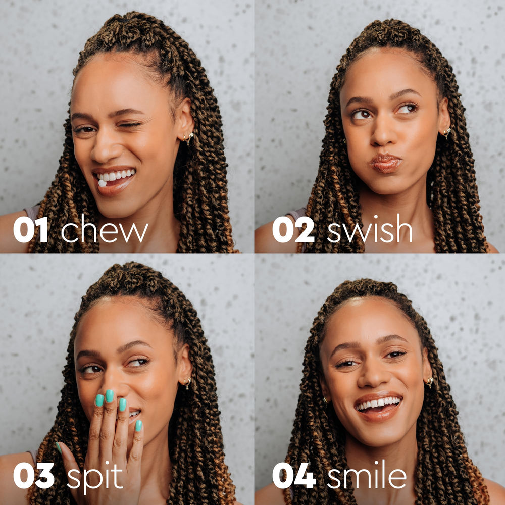 Boka tablet dissolving in mouth demonstrating chew-swish action for fresh breath