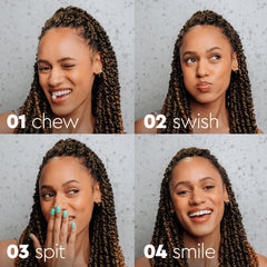 Boka tablet dissolving in mouth demonstrating chew-swish action for fresh breath