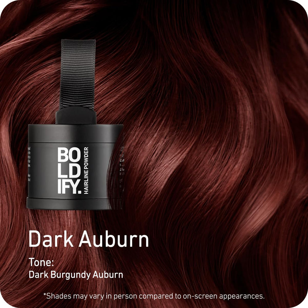 Boldify opened pressed powder in dark auburn showing smooth application surface